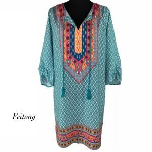 Feitong Boho Aquamarine Tassels V Neck Ruched 1/2 Sleeve Tunic Dress Size S